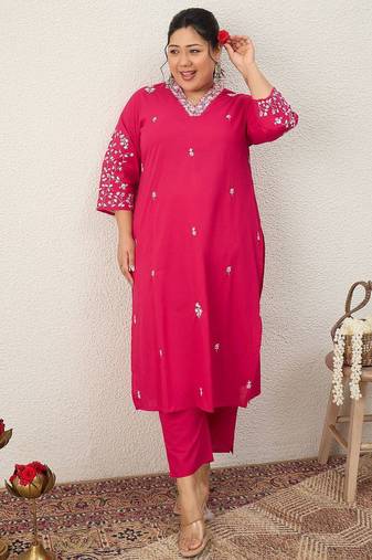 Women Plus Size Embroidered Regular Thread Work Pure Cotton Kurta with Trousers