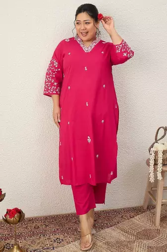 Women Plus Size Embroidered Regular Thread Work Pure Cotton Kurta with Trousers