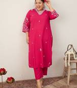 Women Plus Size Embroidered Regular Thread Work Pure Cotton Kurta with Trousers