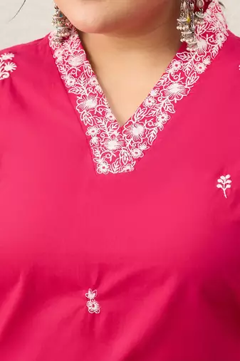 Women Plus Size Embroidered Regular Thread Work Pure Cotton Kurta with Trousers