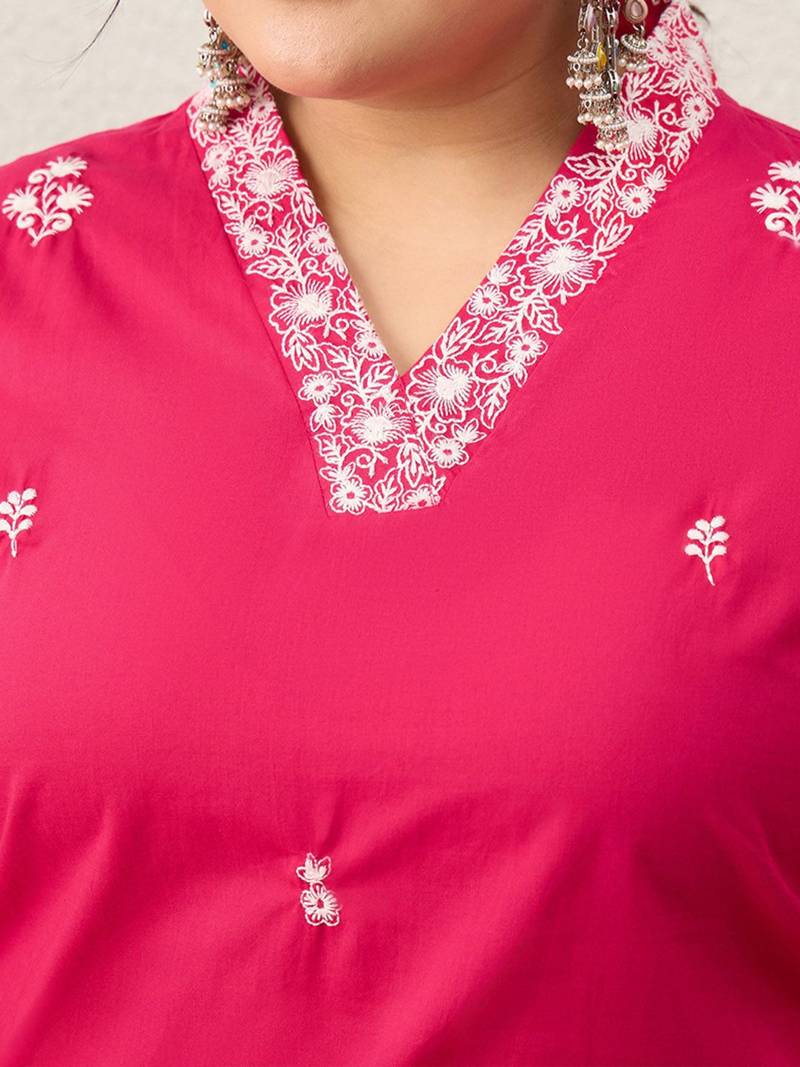 Women Plus Size Embroidered Regular Thread Work Pure Cotton Kurta with Trousers