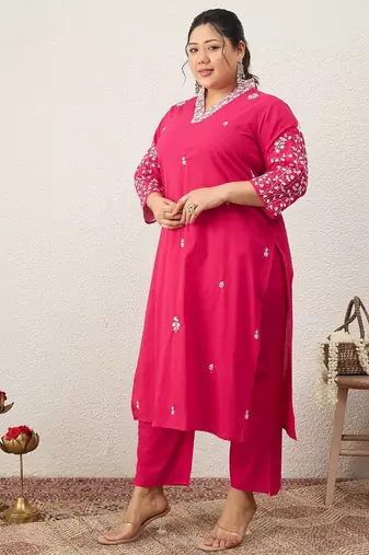 Women Plus Size Embroidered Regular Thread Work Pure Cotton Kurta with Trousers