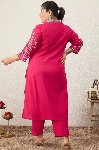 Women Plus Size Embroidered Regular Thread Work Pure Cotton Kurta with Trousers