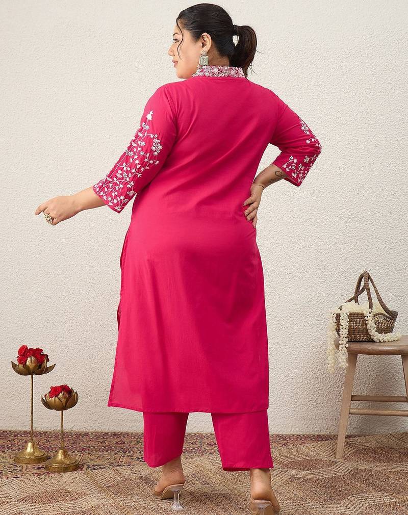 Women Plus Size Embroidered Regular Thread Work Pure Cotton Kurta with Trousers