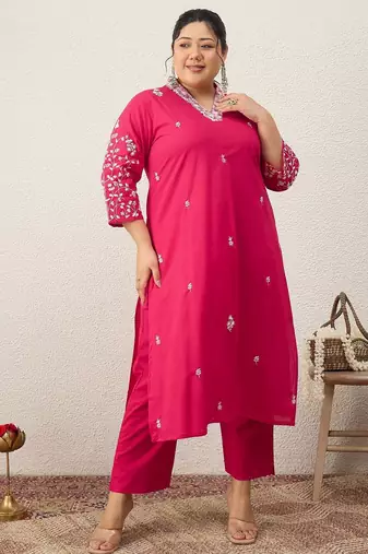 Women Plus Size Embroidered Regular Thread Work Pure Cotton Kurta with Trousers