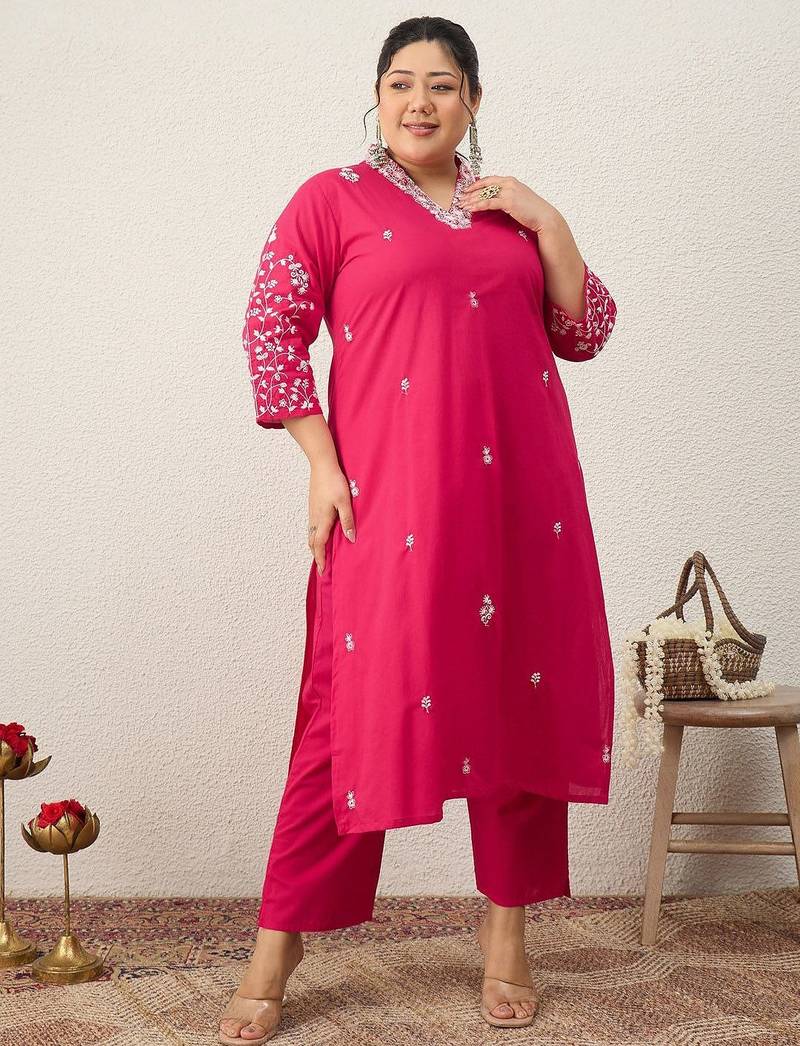 Women Plus Size Embroidered Regular Thread Work Pure Cotton Kurta with Trousers