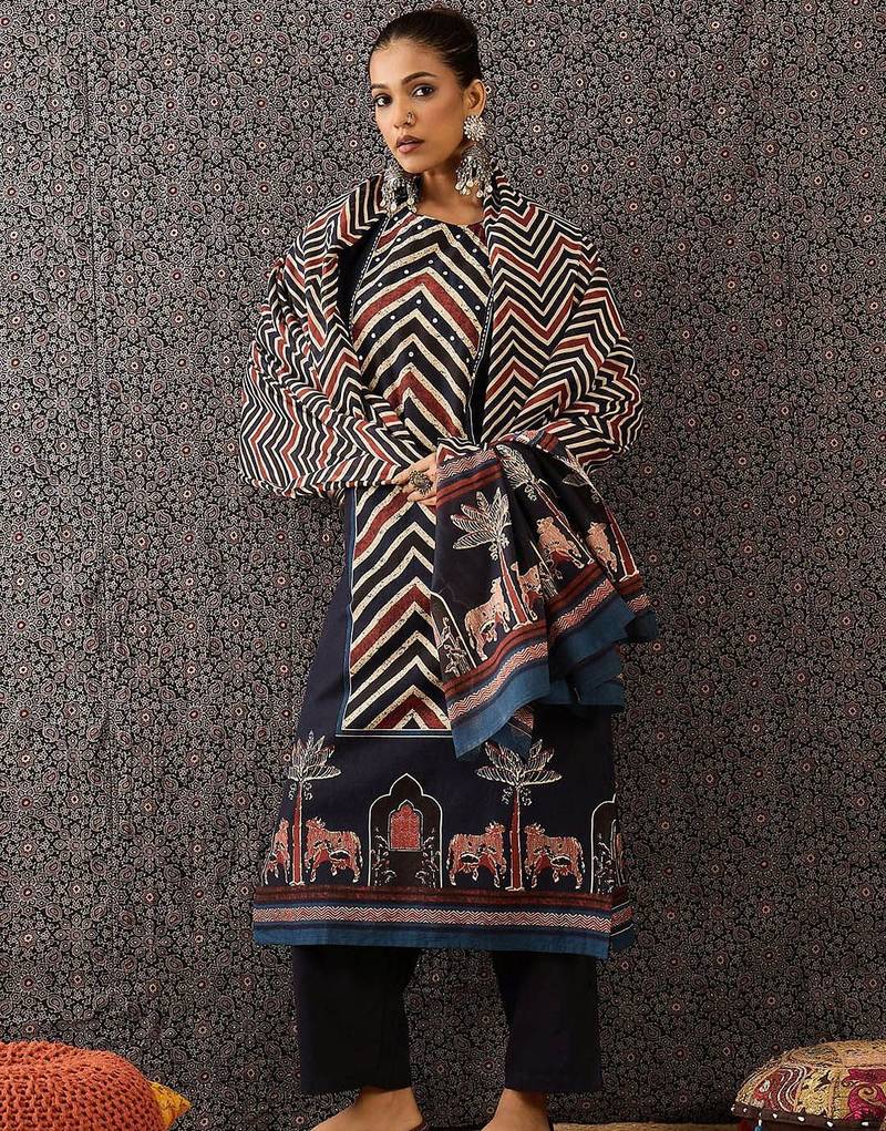 Women Printed Regular Sequinned Pure Cotton Kurta with Trousers & With Dupatta