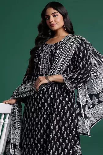 Plus Size Printed Pure Cotton Kurta with Trousers & Dupatta