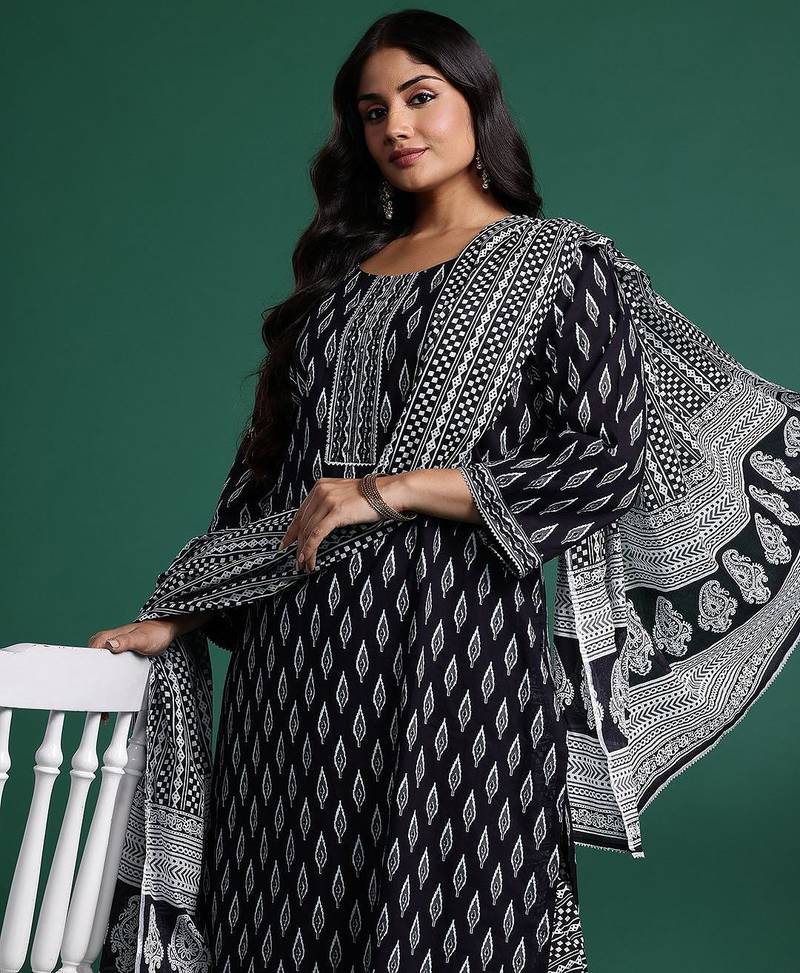 Plus Size Printed Pure Cotton Kurta with Trousers & Dupatta