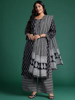 Plus Size Printed Pure Cotton Kurta with Trousers & Dupatta 1