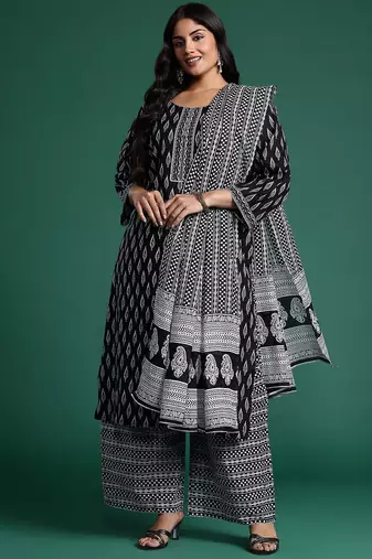 Plus Size Printed Pure Cotton Kurta with Trousers & Dupatta