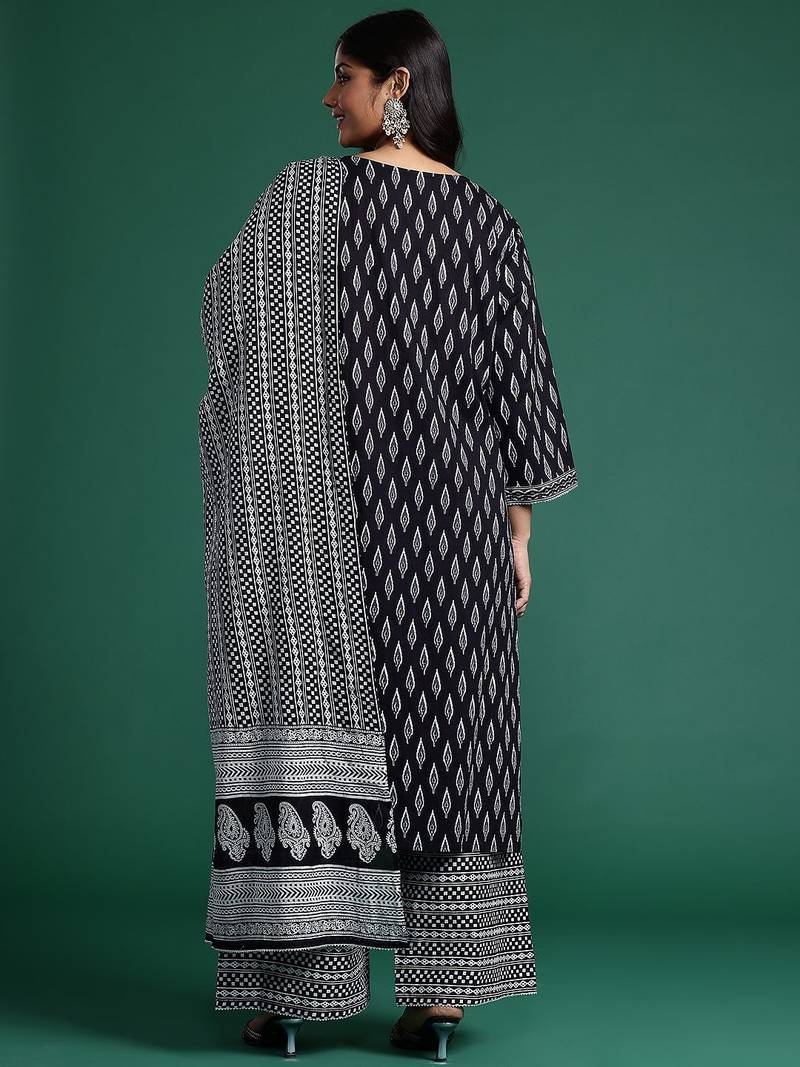 Plus Size Printed Pure Cotton Kurta with Trousers & Dupatta