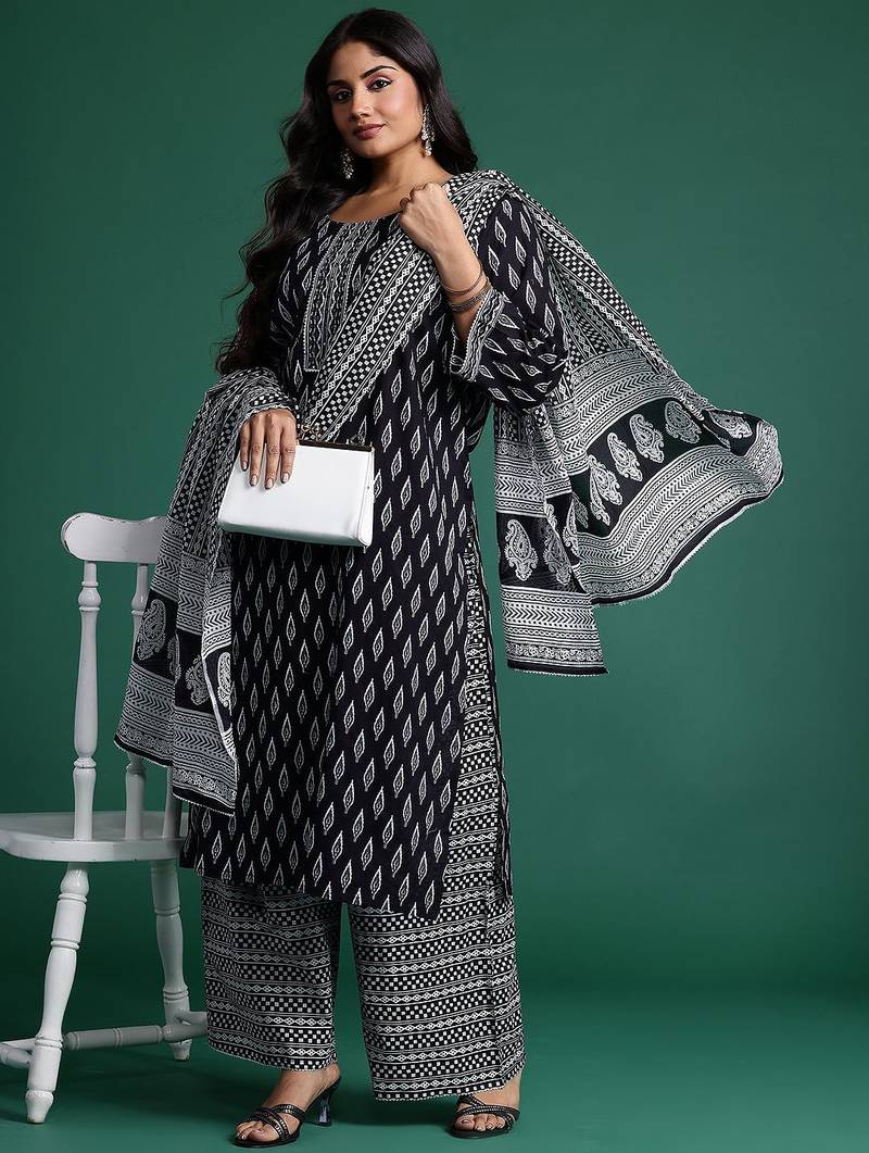 Plus Size Printed Pure Cotton Kurta with Trousers & Dupatta