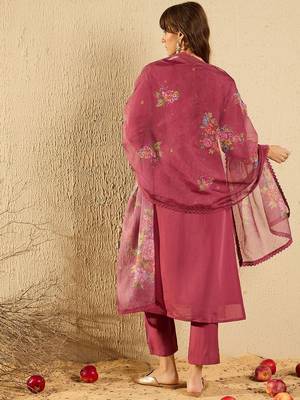 Women Floral Yoke Design Regular Thread Work Kurta with Trousers & With Dupatta 6
