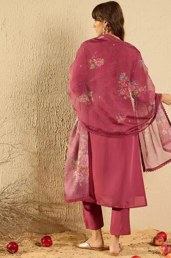 Women Floral Yoke Design Regular Thread Work Kurta with Trousers & With Dupatta