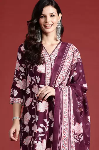 Floral Printed Pure Cotton Kurta With Trousers & Dupatta