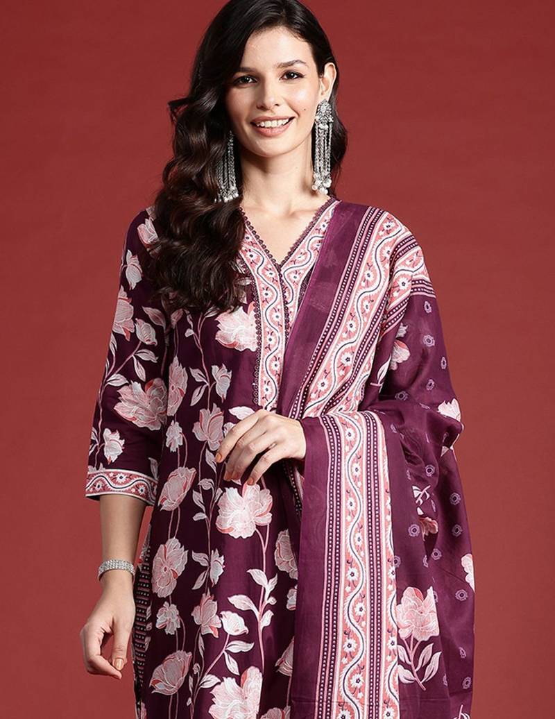 Floral Printed Pure Cotton Kurta With Trousers & Dupatta