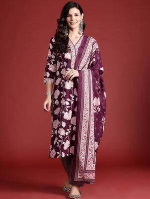 Floral Printed Pure Cotton Kurta With Trousers & Dupatta 1