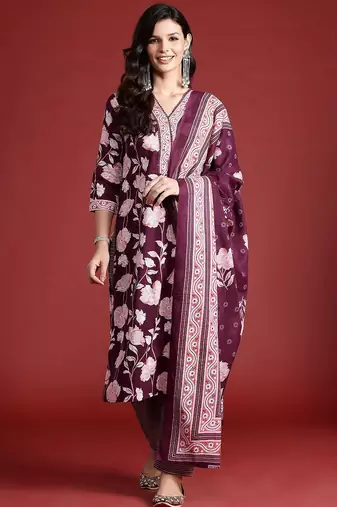 Floral Printed Pure Cotton Kurta With Trousers & Dupatta