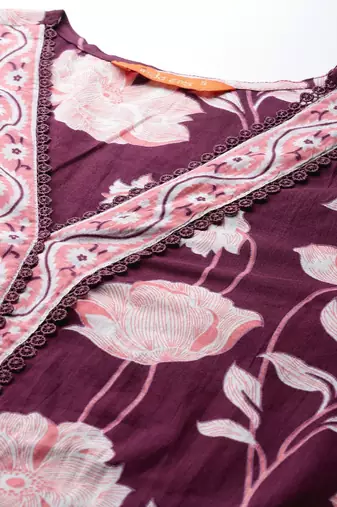 Floral Printed Pure Cotton Kurta With Trousers & Dupatta