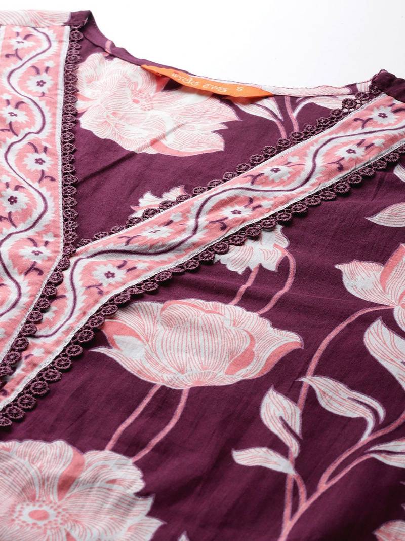 Floral Printed Pure Cotton Kurta With Trousers & Dupatta