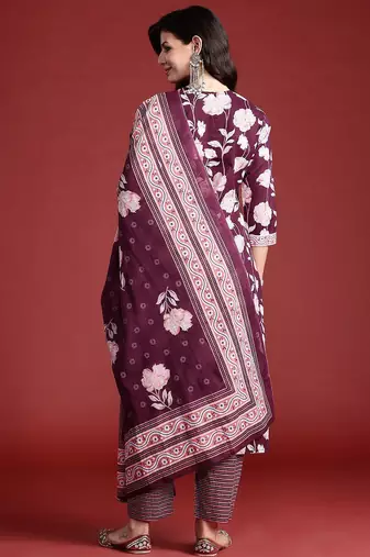 Floral Printed Pure Cotton Kurta With Trousers & Dupatta