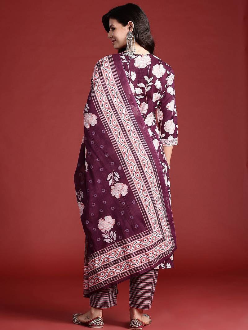 Floral Printed Pure Cotton Kurta With Trousers & Dupatta