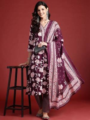 Floral Printed Pure Cotton Kurta With Trousers & Dupatta 7