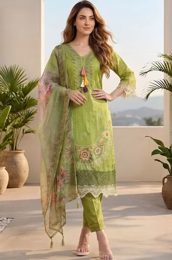 Women Floral Embroidered Regular Thread Work Pure Cotton Kurta with Trousers & With Dupatta