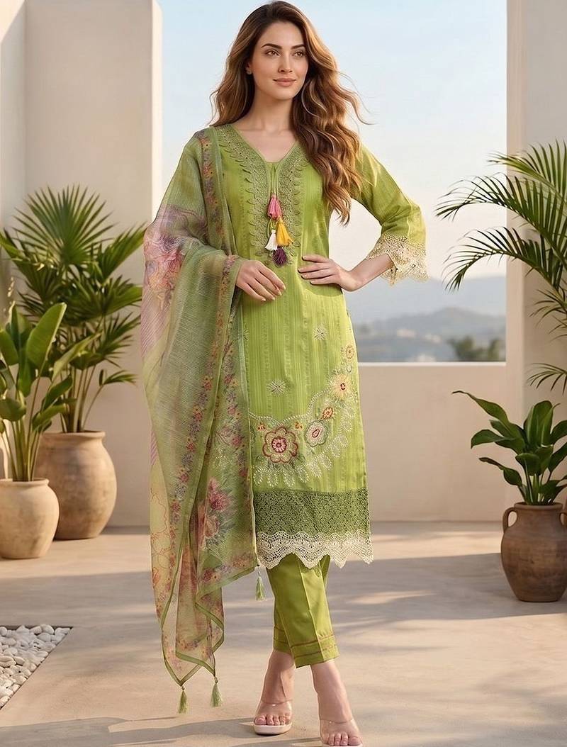 Women Floral Embroidered Regular Thread Work Pure Cotton Kurta with Trousers & With Dupatta
