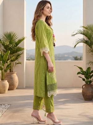Women Floral Embroidered Regular Thread Work Pure Cotton Kurta with Trousers & With Dupatta 6