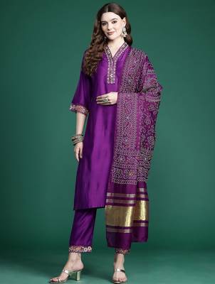Floral Thread Work Liva Kurta with Trousers & With Dupatta 1