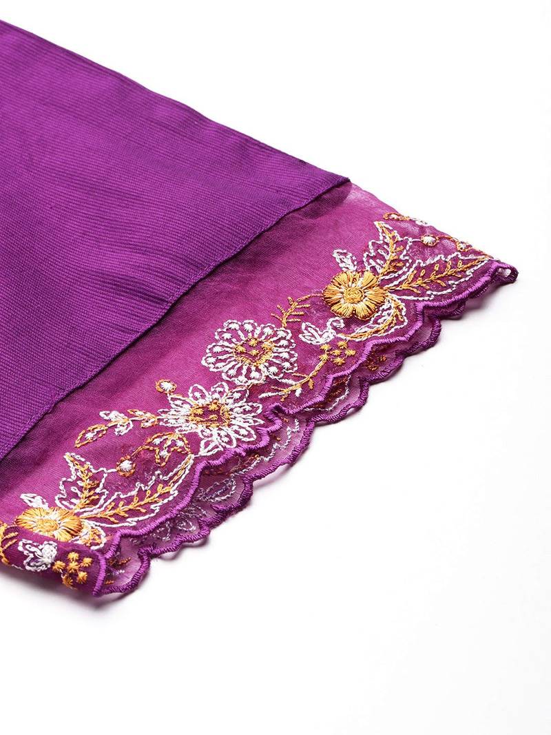 Floral Thread Work Liva Kurta with Trousers & With Dupatta