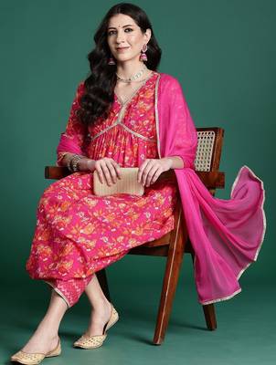 Women Floral Printed Regular Pure Cotton Kurta with Palazzos & With Dupatta 1