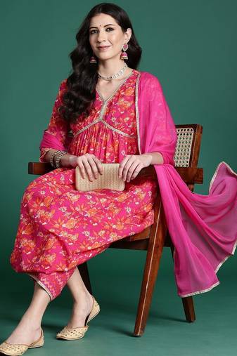 Women Floral Printed Regular Pure Cotton Kurta with Palazzos & With Dupatta