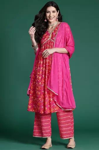 Women Floral Printed Regular Pure Cotton Kurta with Palazzos & With Dupatta