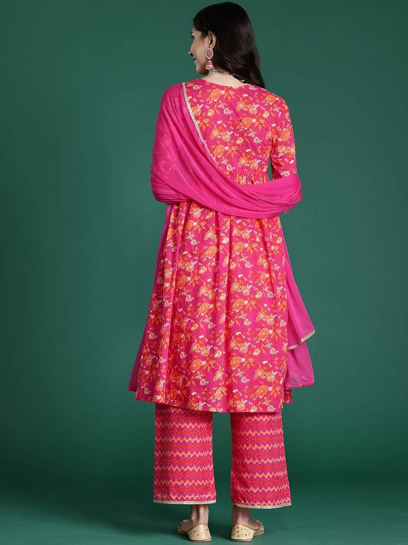 Women Floral Printed Regular Pure Cotton Kurta with Palazzos & With Dupatta