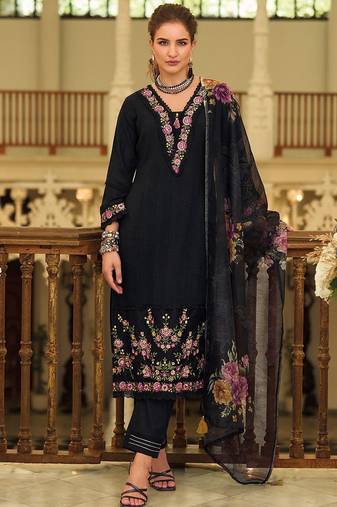 Women Floral Embroidered Cotton Kurta with Trousers & Dupatta