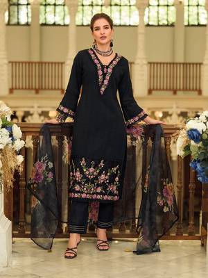 Women Floral Embroidered Cotton Kurta with Trousers & Dupatta 4