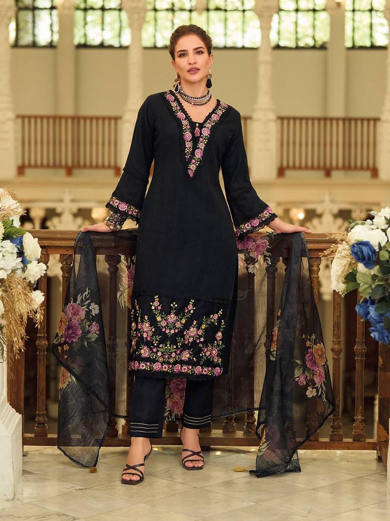 Women Floral Embroidered Cotton Kurta with Trousers & Dupatta