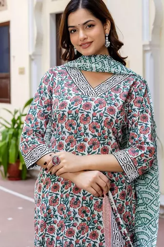 Floral Printed V-Neck Pure Cotton Straight Kurta With Palazzo And Dupatta