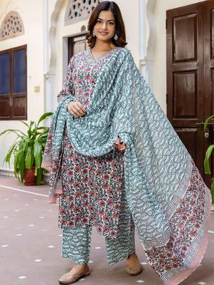 Floral Printed V-Neck Pure Cotton Straight Kurta With Palazzo And Dupatta 1