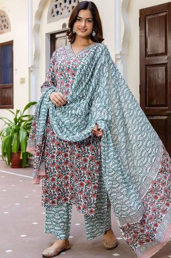 Floral Printed V-Neck Pure Cotton Straight Kurta With Palazzo And Dupatta