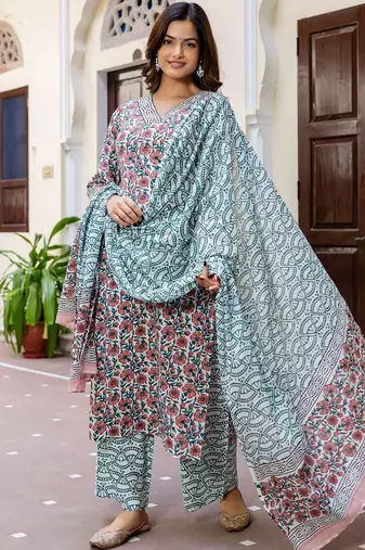 Floral Printed V-Neck Pure Cotton Straight Kurta With Palazzo And Dupatta