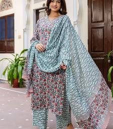 Floral Printed V-Neck Pure Cotton Straight Kurta With Palazzo And Dupatta