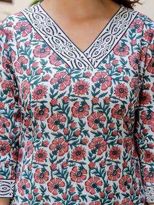 Floral Printed V-Neck Pure Cotton Straight Kurta With Palazzo And Dupatta 3