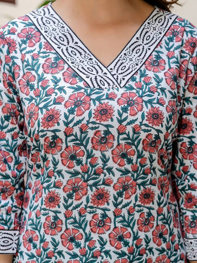 Floral Printed V-Neck Pure Cotton Straight Kurta With Palazzo And Dupatta