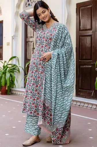 Floral Printed V-Neck Pure Cotton Straight Kurta With Palazzo And Dupatta
