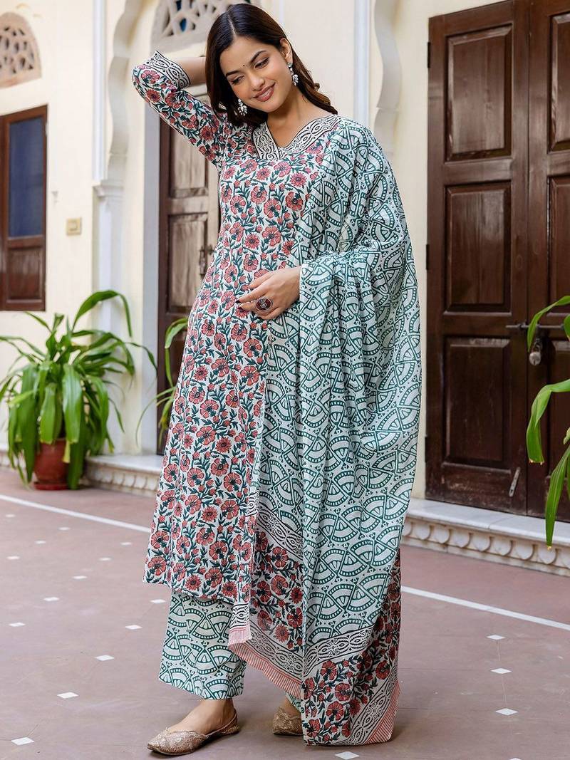 Floral Printed V-Neck Pure Cotton Straight Kurta With Palazzo And Dupatta