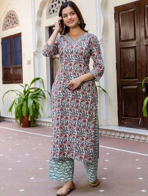 Floral Printed V-Neck Pure Cotton Straight Kurta With Palazzo And Dupatta 7